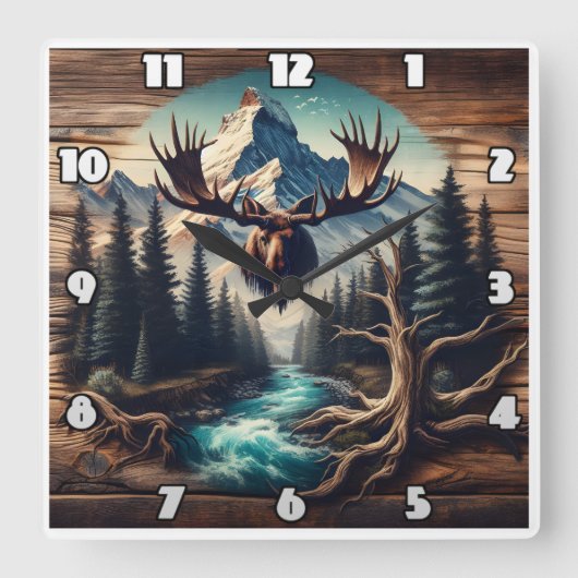 Moose Head Mount met uitzicht op Mountain Stream Vierkante Klok (Voorkant)