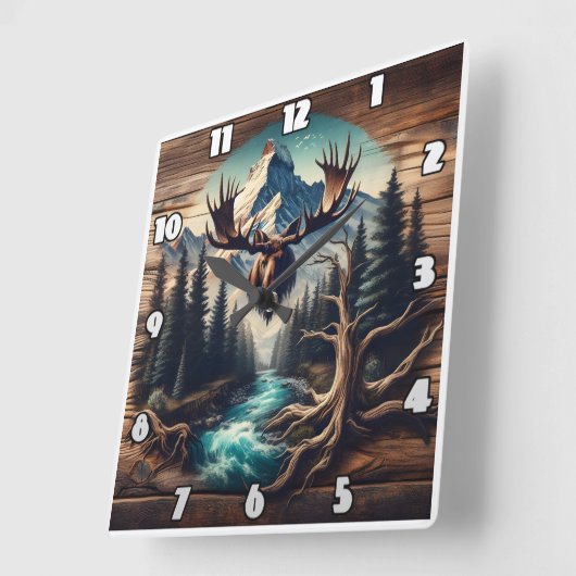 Moose Head Mount met uitzicht op Mountain Stream Vierkante Klok (Hoek)