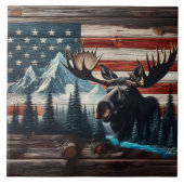 Moose Head tegen Amerikaanse vlag en bergen Tegeltje (Voorkant)