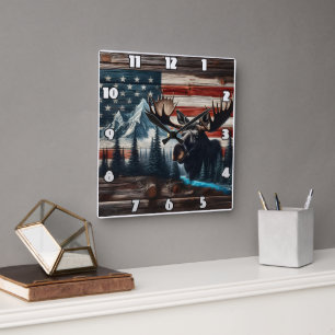 Moose Head tegen Amerikaanse vlag en bergen Vierkante Klok