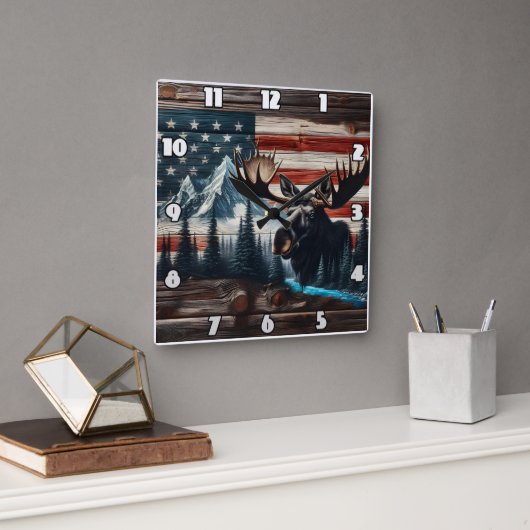 Moose Head tegen Amerikaanse vlag en bergen Vierkante Klok (Kantoor)