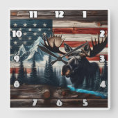 Moose Head tegen Amerikaanse vlag en bergen Vierkante Klok (Voorkant)