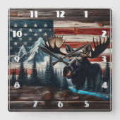 Moose Head tegen Amerikaanse vlag en bergen Vierkante Klok (Voorkant)