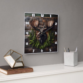 Moose Head Wall Mount met dennenblad Vierkante Klok