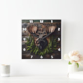 Moose Head Wall Mount met dennenblad Vierkante Klok (Huis)