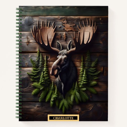 Moose hoofd gemonteerd op rustieke houten wand in notitieboek (Voorkant)