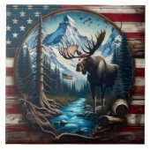 Moose in berglandschap met Amerikaanse vlag Tegeltje (Voorkant)