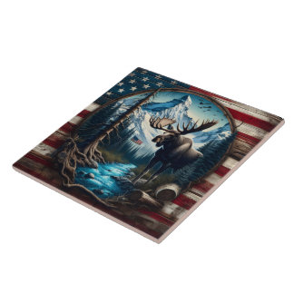 Moose in berglandschap met Amerikaanse vlag Tegeltje