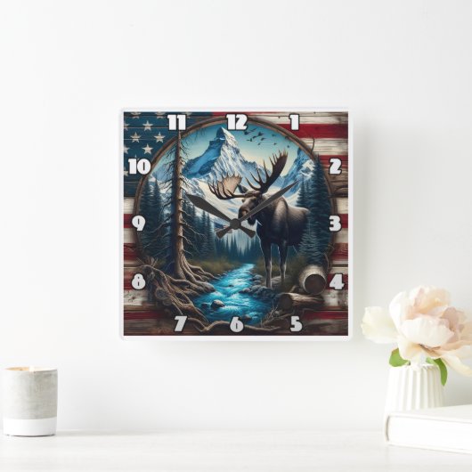 Moose in berglandschap met Amerikaanse vlag Vierkante Klok (Huis)