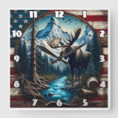 Moose in berglandschap met Amerikaanse vlag Vierkante Klok (Voorkant)