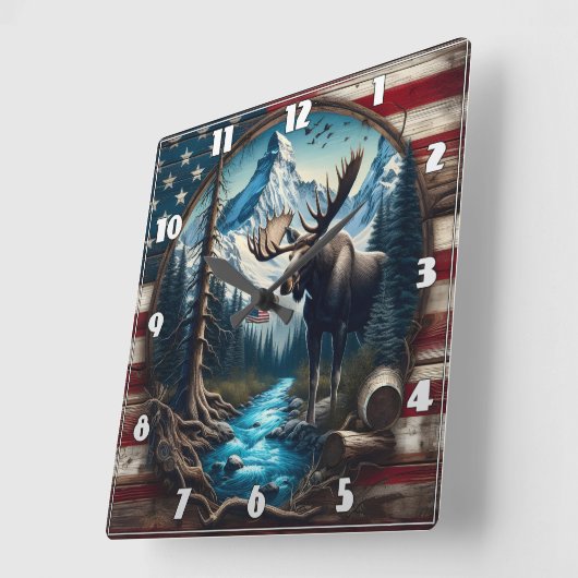 Moose in berglandschap met Amerikaanse vlag Vierkante Klok (Hoek)