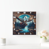 Moose in berglandschap met rivier en bomen vierkante klok (Huis)