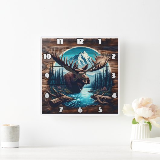 Moose in berglandschap met rivier en bomen vierkante klok (Huis)