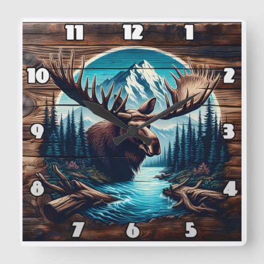 Moose in berglandschap met rivier en bomen vierkante klok (Voorkant)