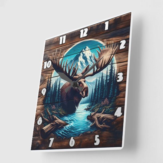 Moose in berglandschap met rivier en bomen vierkante klok (Hoek)