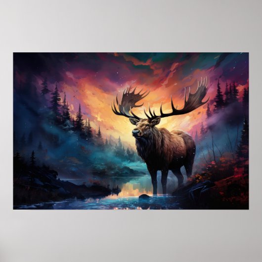 Moose in Canyon Creek met verafgelegen natuurvuur Poster (Voorkant)