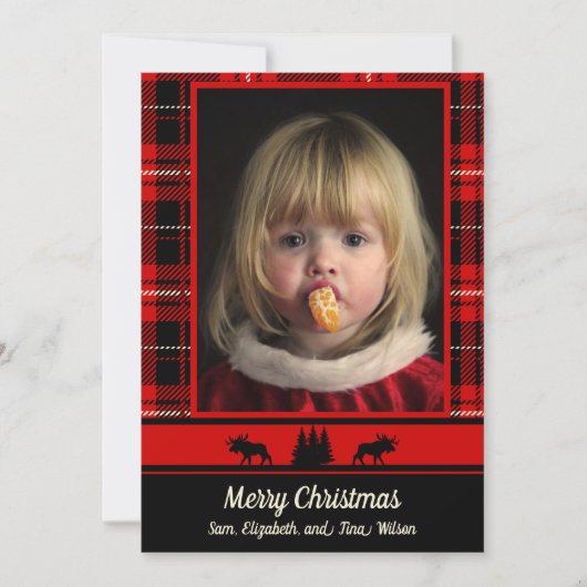 Moose in de Bossen Red Plaid Foto Kerstmis Aankondiging (Voorkant)