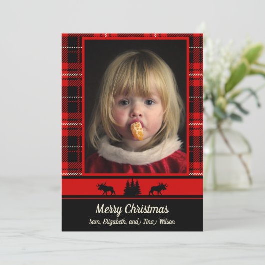 Moose in de Bossen Red Plaid Foto Kerstmis Aankondiging (Staand voorkant)