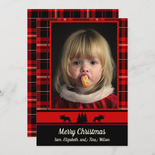 Moose in de Bossen Red Plaid Foto Kerstmis Aankondiging (Voorkant / Achterkant)
