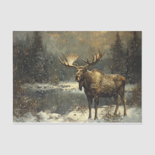 Moose in een Winter Landschap Schilderen Decoupage Tissuepapier (Voorkant)