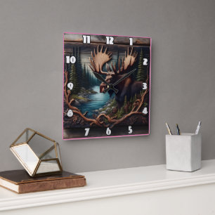 Moose in Forest bij een rivier in de schemering Vierkante Klok