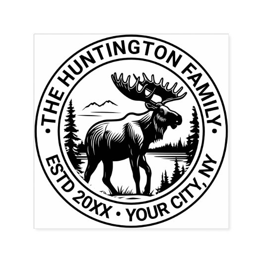 Moose in Forest Landscape Familienaam Este Datum Zelfinktende Stempel (Design)