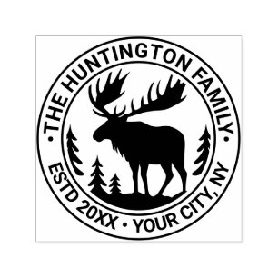 Moose in Forest Silhouette Familienaam Este Datum Zelfinktende Stempel