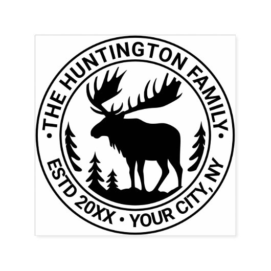 Moose in Forest Silhouette Familienaam Este Datum Zelfinktende Stempel (Design)