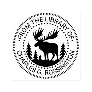 Moose in Forest Silhouette Library Boeknaam Zelfinktende Stempel