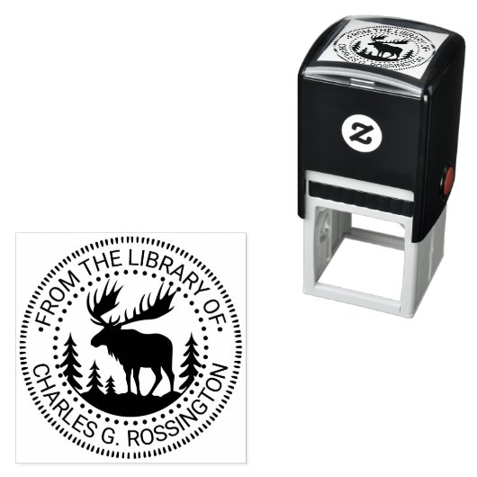 Moose in Forest Silhouette Library Boeknaam Zelfinktende Stempel (In situ)