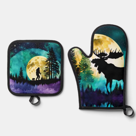 Moose in het bos Volle maan Ovenwant & Pannenlap Set (Voorkant)