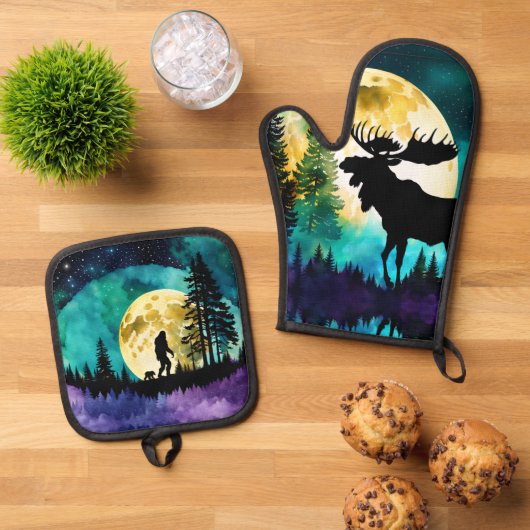 Moose in het bos Volle maan Ovenwant & Pannenlap Set (Top down)