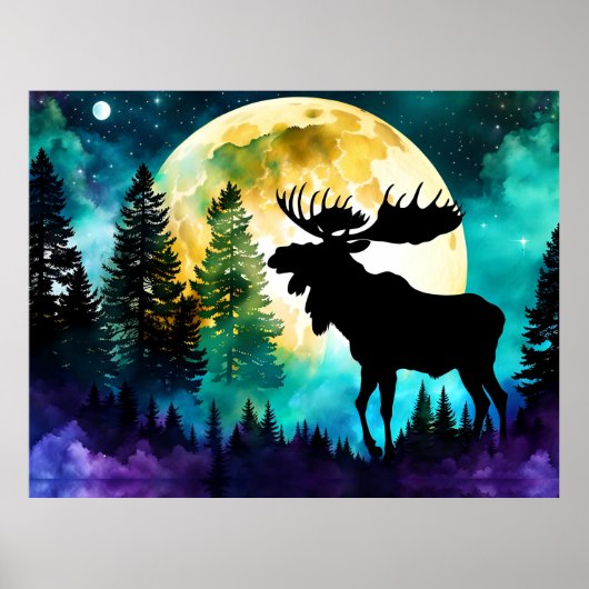 Moose in het bos Volle maan Poster (Voorkant)