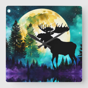 Moose in het bos Volle maan Vierkante Klok
