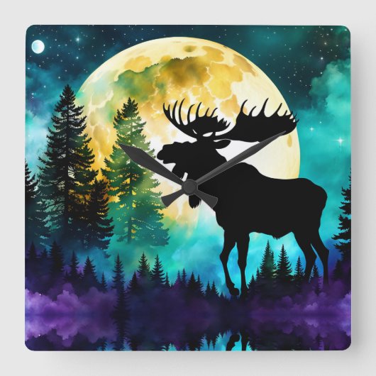 Moose in het bos Volle maan Vierkante Klok (Voorkant)