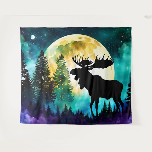 Moose in het bos Volle maan Wandkleed (Voorkant (horizontaal))