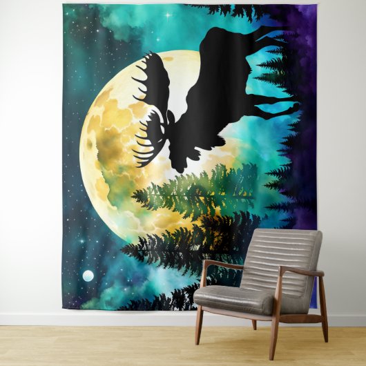 Moose in het bos Volle maan Wandkleed (In situ)
