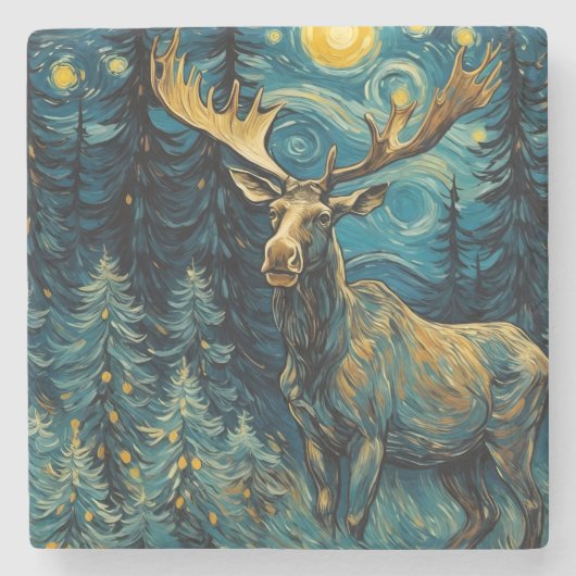 Moose in het dennenbos Van Gogh Stenen Onderzetter (Voorkant)