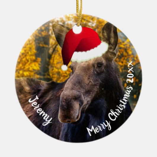 Moose in Santa Hat Ceramic Ornament (Voorkant)