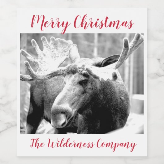 Moose in sneeuw Vrolijk Kerstmis Winter Scene Wijn Etiket (Enkel label)