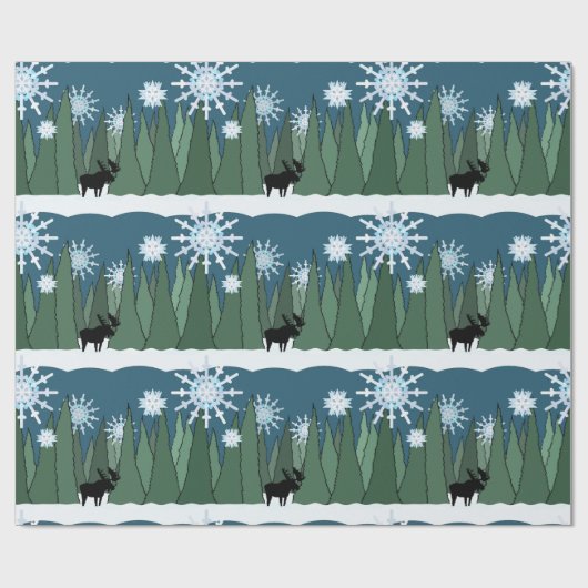 Moose in Snowflake Forest Wrapping Paper Cadeaupapier (Vlak)