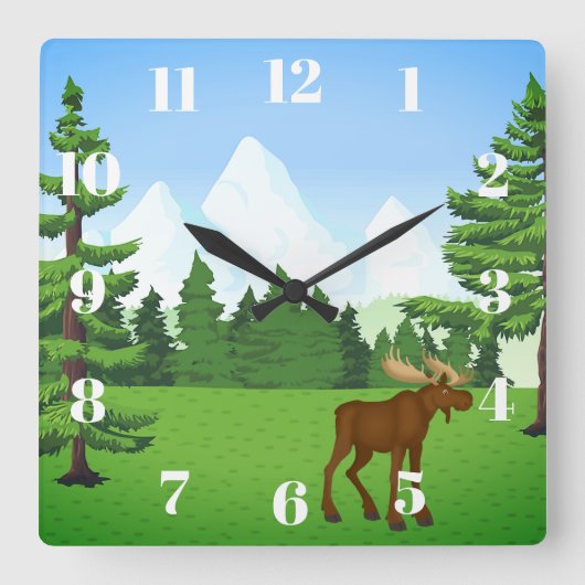 Moose in Valley - Square Wall Clock Vierkante Klok (Voorkant)