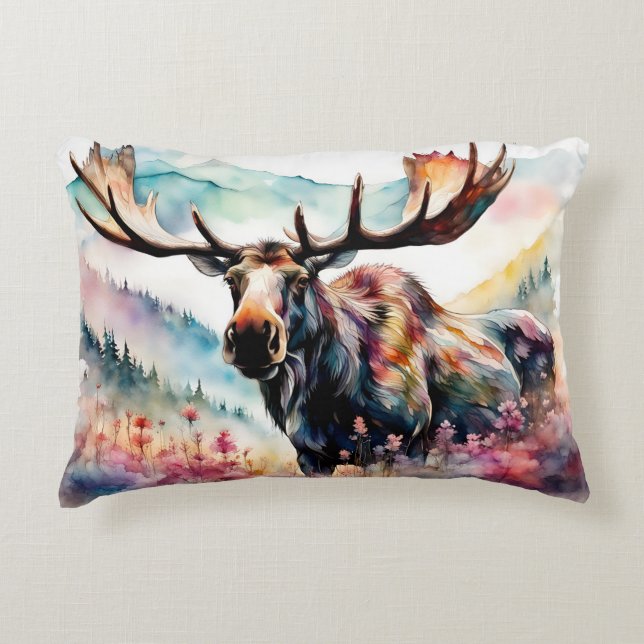 Moose in Wildflower waterverf Accent Kussen (Voorkant)