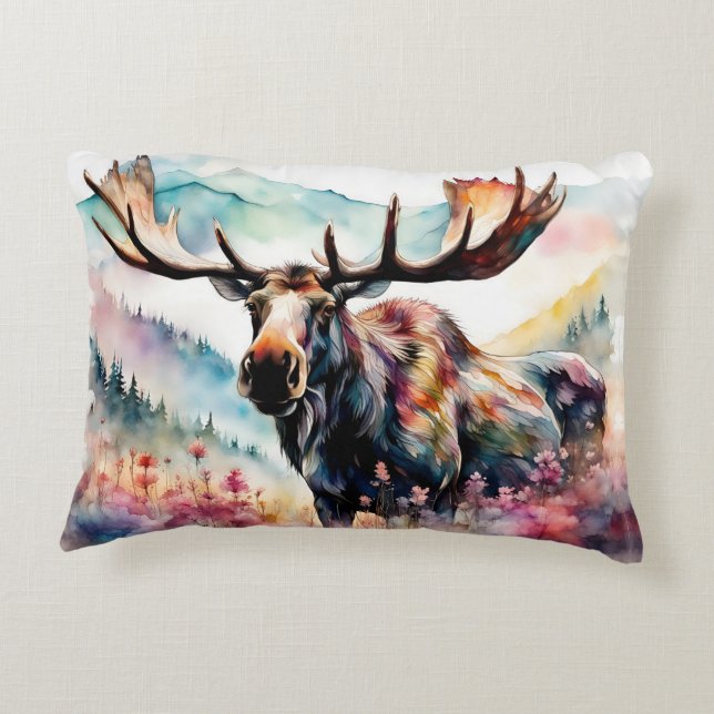 Moose in Wildflower waterverf Accent Kussen (Achterkant)