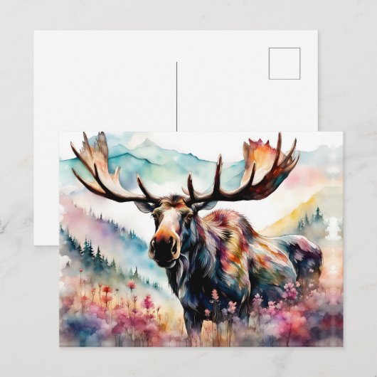 Moose in Wildflower waterverf Feestdagenkaart (Voorkant / Achterkant)