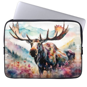 Moose in Wildflower waterverf Laptop Sleeve
