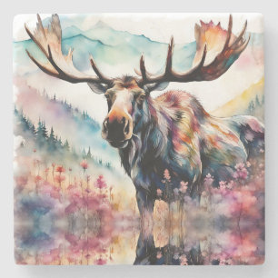 Moose in Wildflower waterverf Stenen Onderzetter