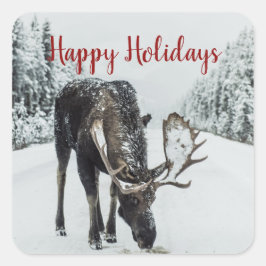 Moose in Winter Snow Kerstmis Vierkante Sticker