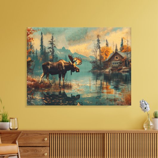 Moose Lake Cabin Herfst Foliage 32x24 Canvas Afdruk (Insitu (Woonkamer))