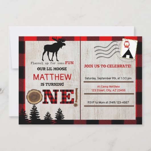 Moose Lumberjack Birthday Invitation Briefkaart (Voorkant)